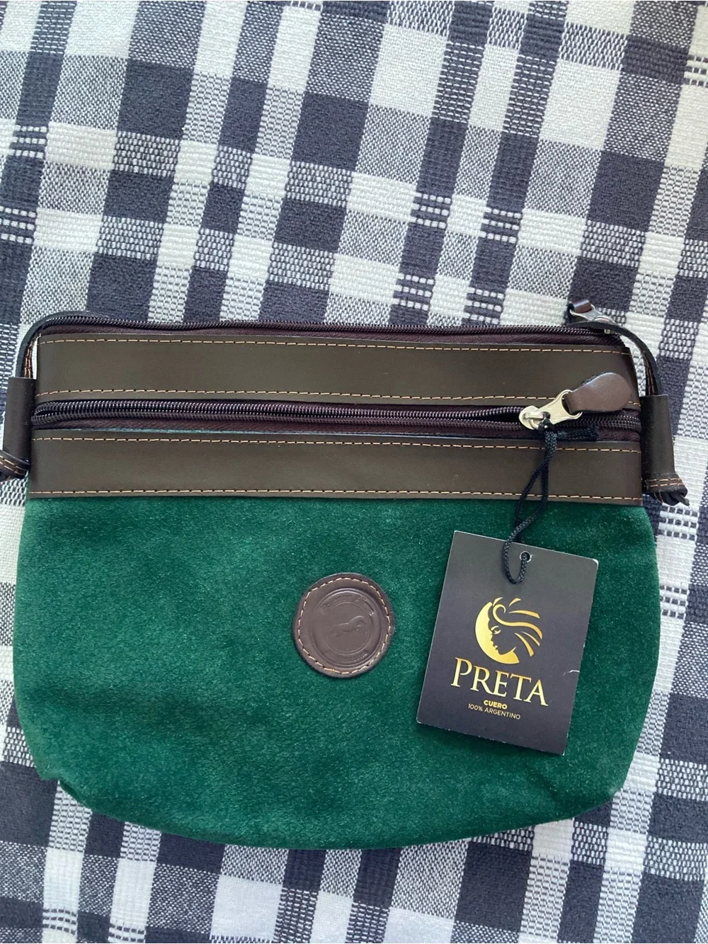 PRETA Genuine Suede & Leather Crossbody Bag Green Brown Made in Argentina NWT